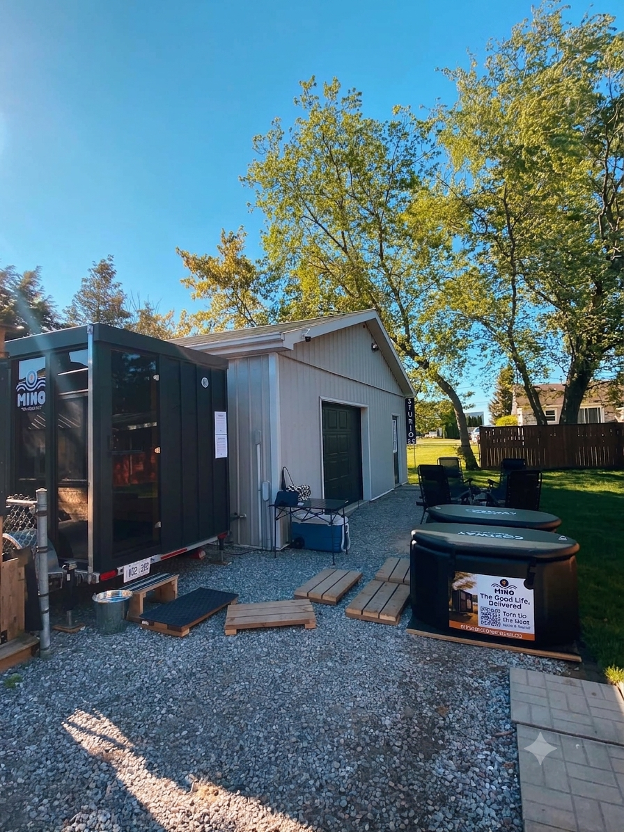 sauna and cold plunge setup at pilaties studio outside